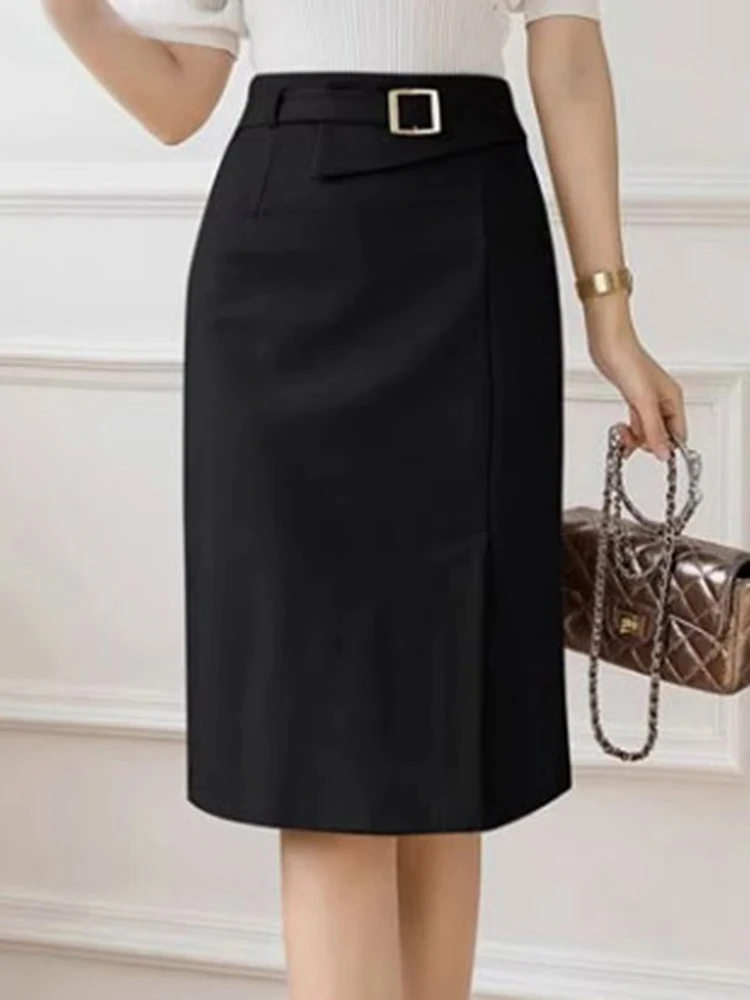 

Fashion Work Slim Skirt Woman Vintage Zipper Pencil Midi Skirts Elegant OL Button Overskirts Female Autumn Solid Dresses