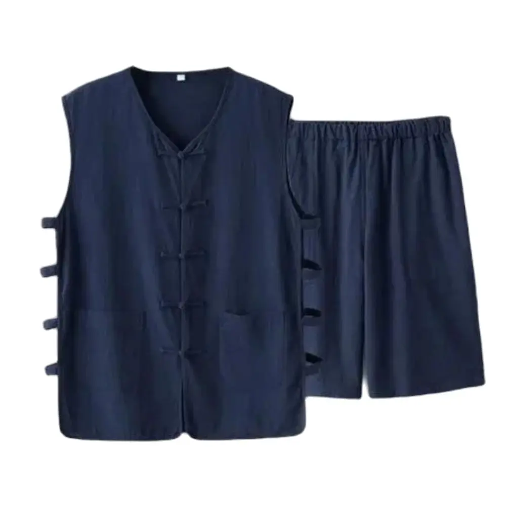 Cinese tradizionale Tang Dynasty Tai Chi Suit uomo cotone e lino Kung Fu Suit Mens senza maniche Muff felpa + Shorts Suit