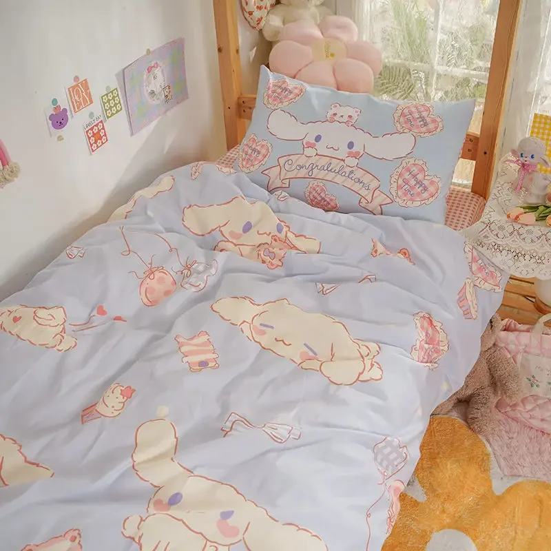 

Sanrio Kawaii Anime Cartoon series Cinnamoroll Cute bed three-piece bed sheet quilt cover pillowcase children's Christmas gift