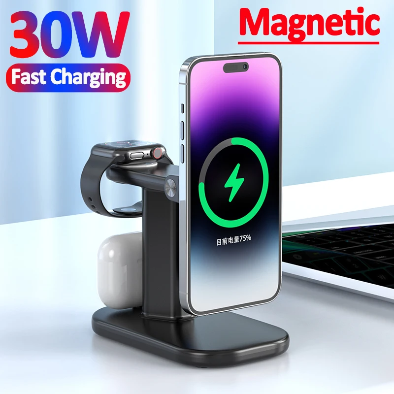 3 in 1 Magnetic 30W Wireless Charger Stand 90 Rotation For iPhone 14 13 12 Pro Max Apple Watch 8 7 Airpods Fast Charging Station