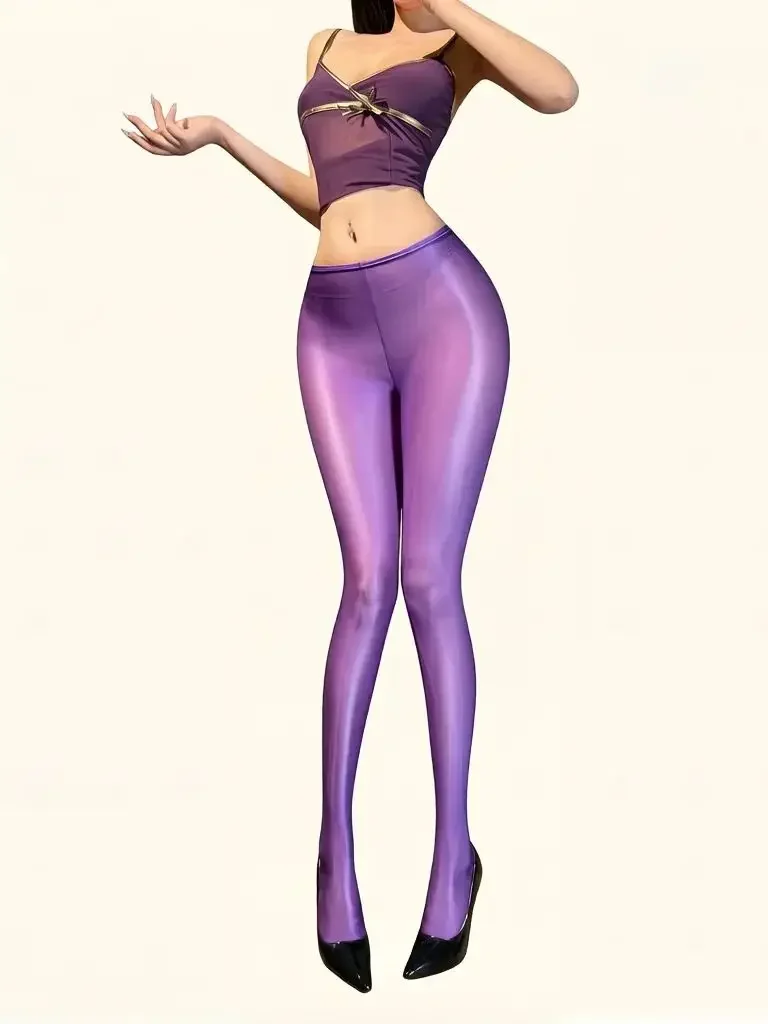 Sexy Damen Skinny Hose mit Niedriger Taille, Figurformende Elastische Strumpfhose, Glänzende Ölglanz-Leggings, Yoga-Hose, Formende Dienstmädchen-Hose, Übergröße