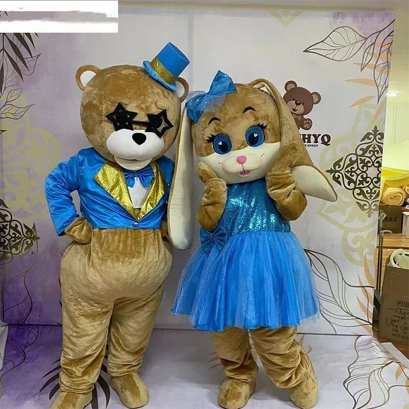 

Brown Rabbit Bear Mascot Costume with Blue Dress Birthday Wedding Role Play Outfits Halloween Rave Party Adults Anime Fursuit