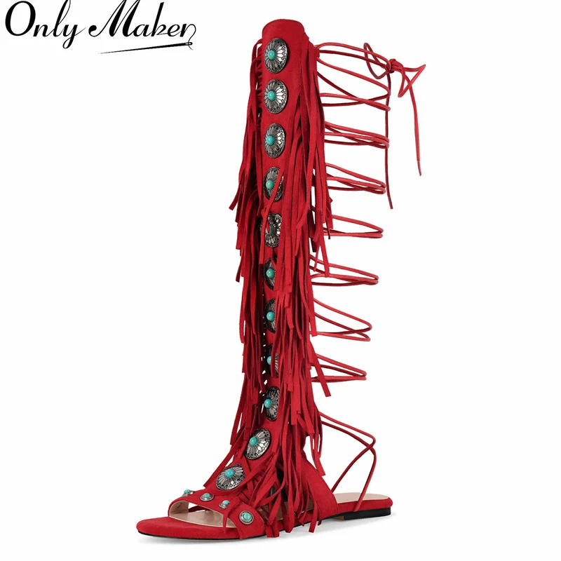 

Onlymaker Women Tassels Jewel Flat Sandals Open Toe Lace UP Big Size Fashion Luxury Fringe Sandals