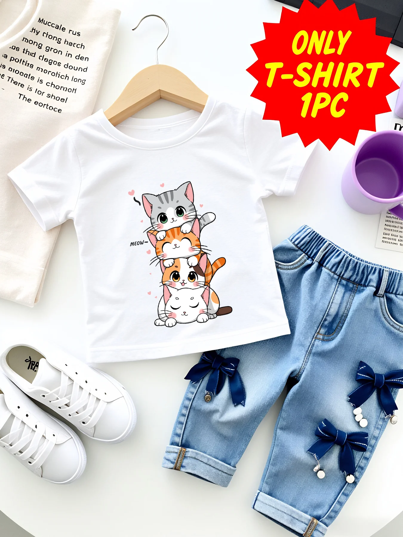 Super Beautiful Kawaii Children's Cat T-shirt Clothing 2D Printed Animal O-neck Splicing Short-sleeved Top Spring and Summer Daily Casual Home Clothing Infant Holiday Party School Season Gift