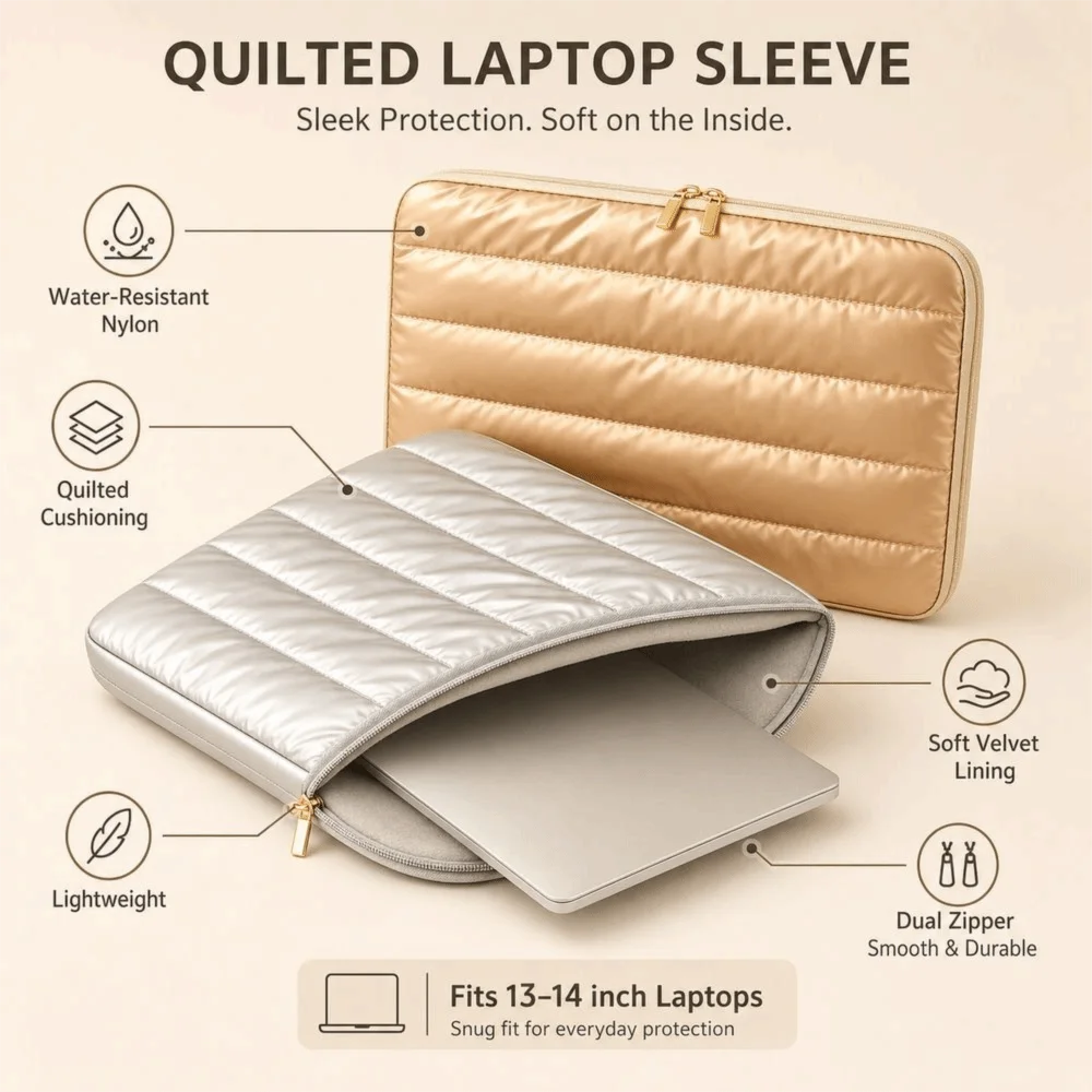 Nylon Quilted Computer Bag Water Resistant Shock Absorbing Laptop Sleeve Bag Quilted Padding Padded Laptop Sleeve