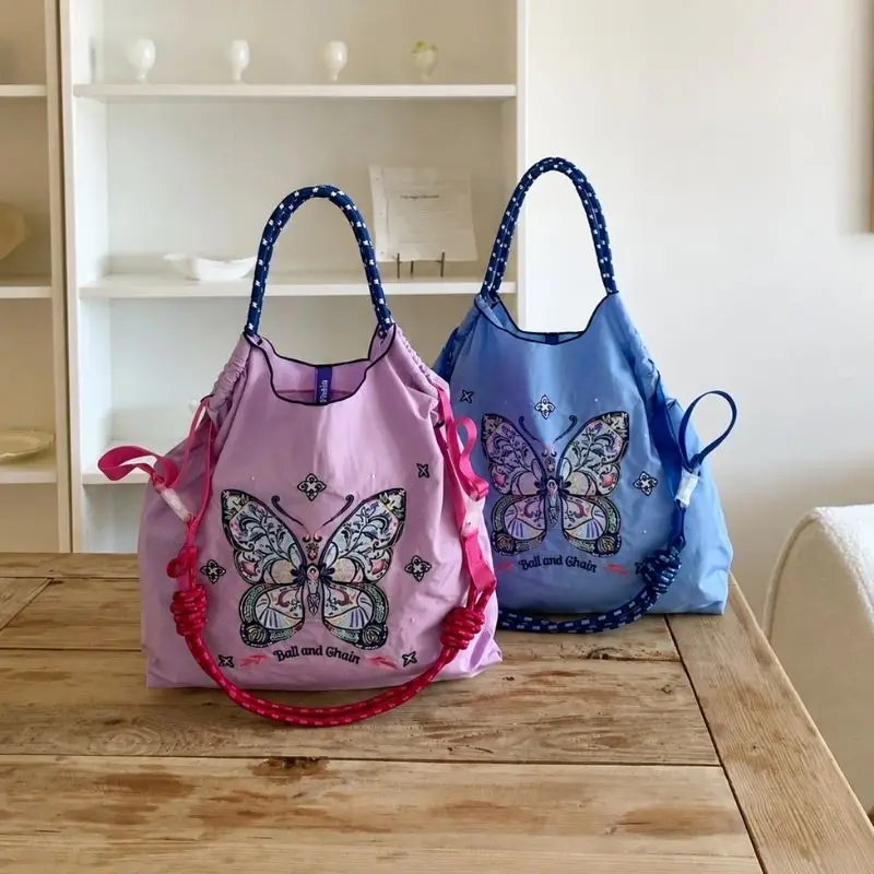 New Style Women's Handbag with Embroidered Butterfly, Bohemian Style, Large Capacity Shoulder Bag, Hand-Held Shopping Bag, Lightweight Foldable Bag for All Seasons