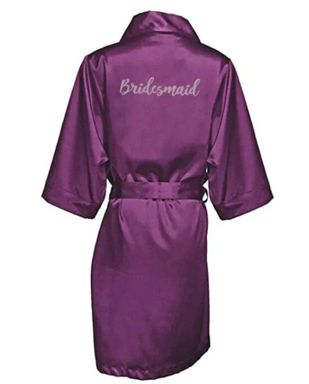 new purple robe silver writing mother of the groom robes wedding Short Bride kimono bridesmaid satin robe drop shipping