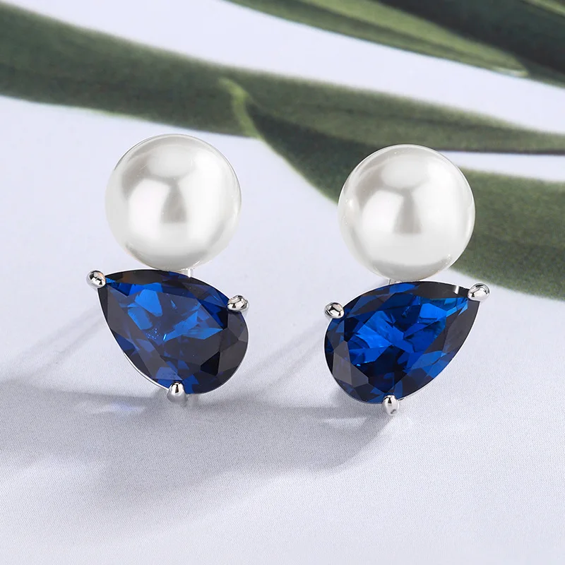 Pearl Stud Earrings Jewelry S925 Silver Needle Colorful Gemstone Changes Color Under Purple Light Red Corundum Blue Spinel Women - Image 4