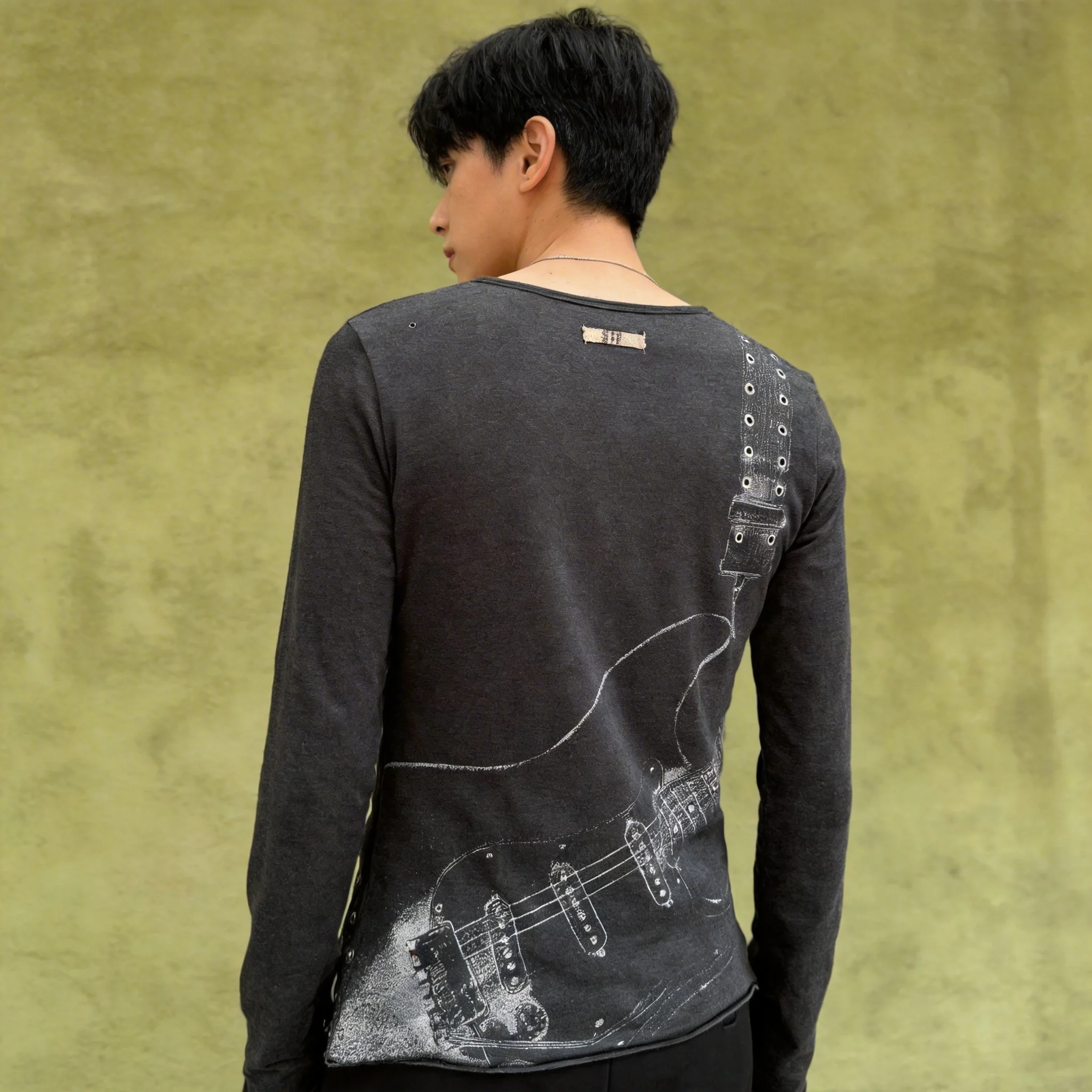 Hip-hop Y2K Guitar Printed Long Sleeve Men T-shirt Casual Rivet Elements Tops Harajuku Men and Women New Retro Men Clothing