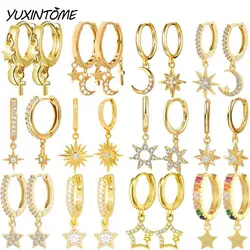 925 Sterling Silver Needle Moon/star Pendant Gold Earrings Trend Small Hoop Earrings for Women Wedding Premium Luxury Jewelry
