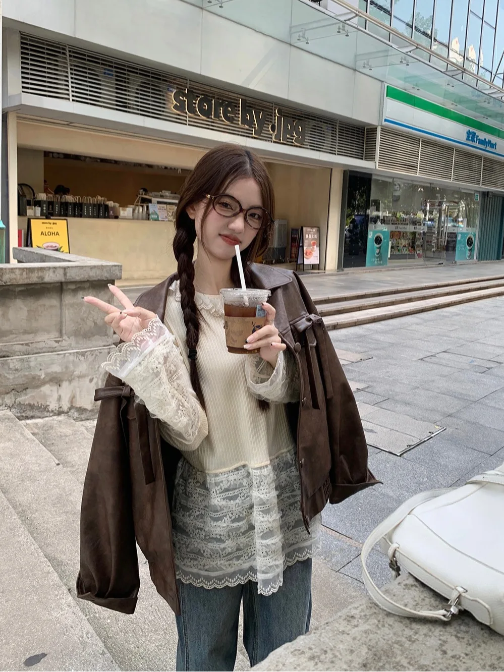 Base lavorata a maglia con finiture in pizzo irt Set da due pezzi da donna Cool Sweet Sle Capispalla Jaet in pelle iniziale autunnale Vestibilità ampia casual