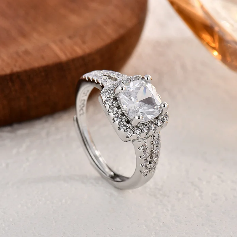 S925 Silver Adjustable Geometric Ring for Women Featuring Square Moissanite Accent and Baguette Rhinestone Detailing in Electrop