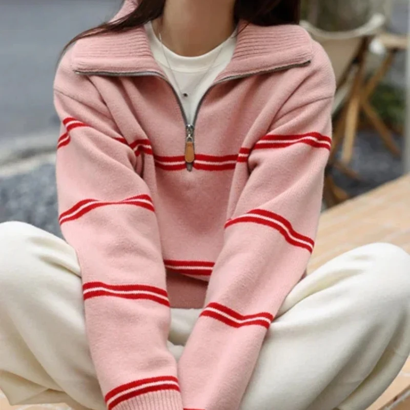 

Zipper Striped Pink Sweater Retro Contrast Fashion Autumn/Winter Sweaters for Women 2025 LOOSE Grey Long Sleeve Knit Pullovers