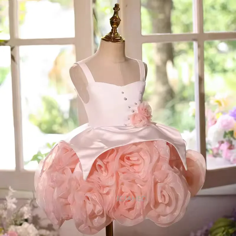 Custom Spaghetti Strap 3D Rose Satin Luxury Dress Women Wedding Guest Gown Girls Wedding Gown Birthday Party Pageant Runway Gown