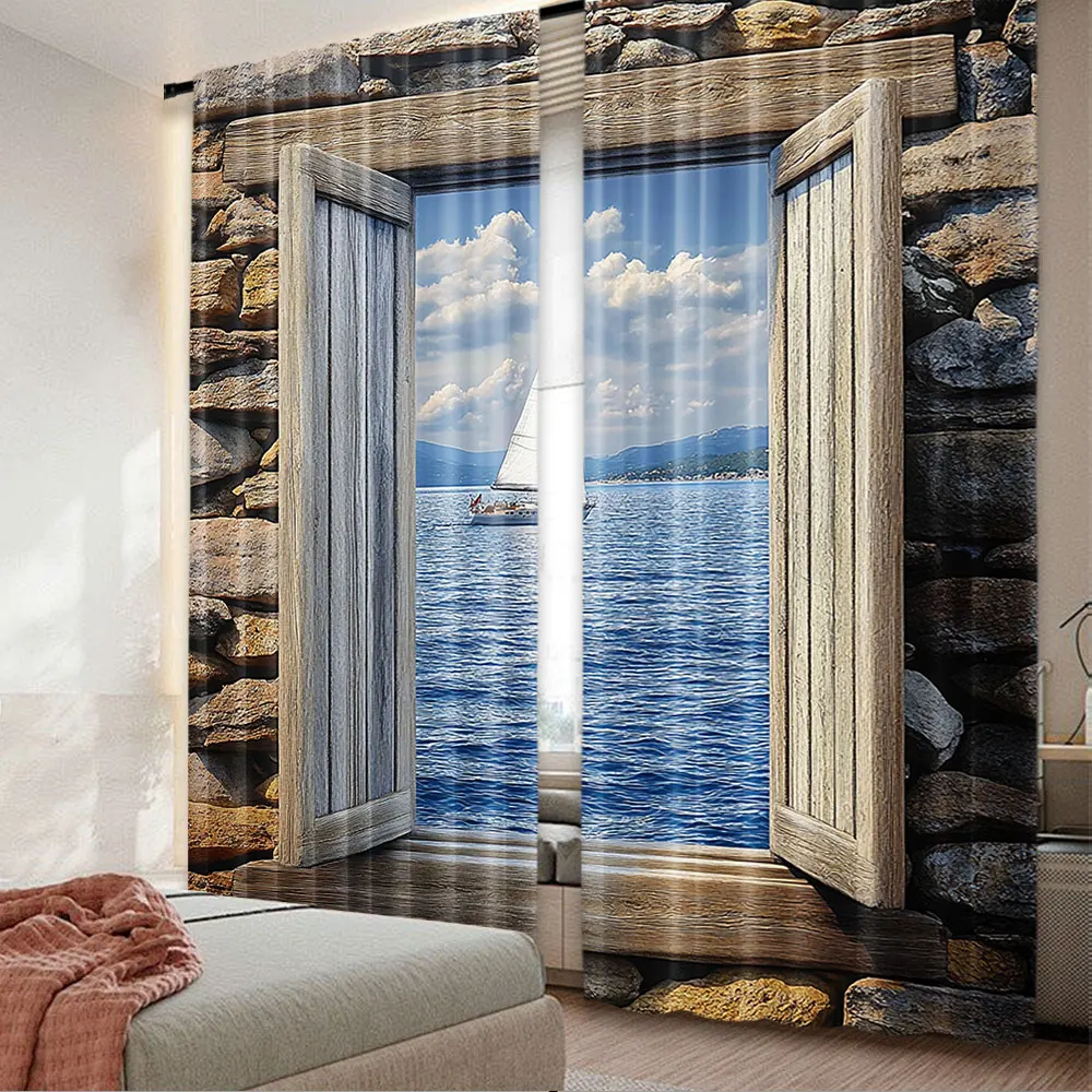 2Pcs Nautical Curtain Image Of A Sailing Boat From Window Narrow Mediterranean For Bedroom Living Room And Dining Room