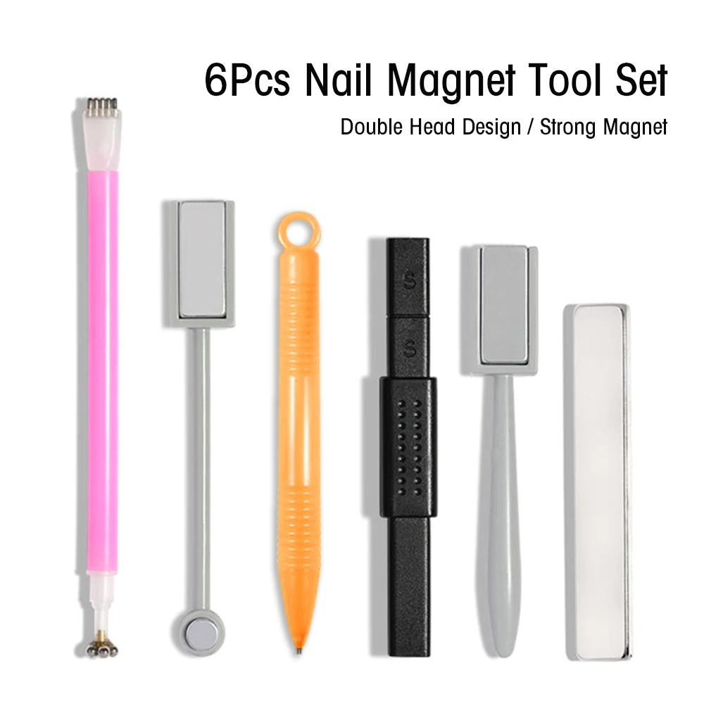 6Pcs Nail Magnetism Tool Set with Double Headed Flower Design Nail Pens Strong-Magnet Stick Cats Eye Effect Gel Tools