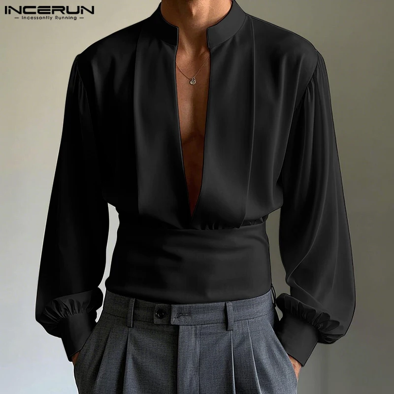 Vintage INCERUN Men Shirts Fashion Solid Color Tops V Neck Men's Clothing Party Tops Streetwear Oversize Summer Spring Blouse