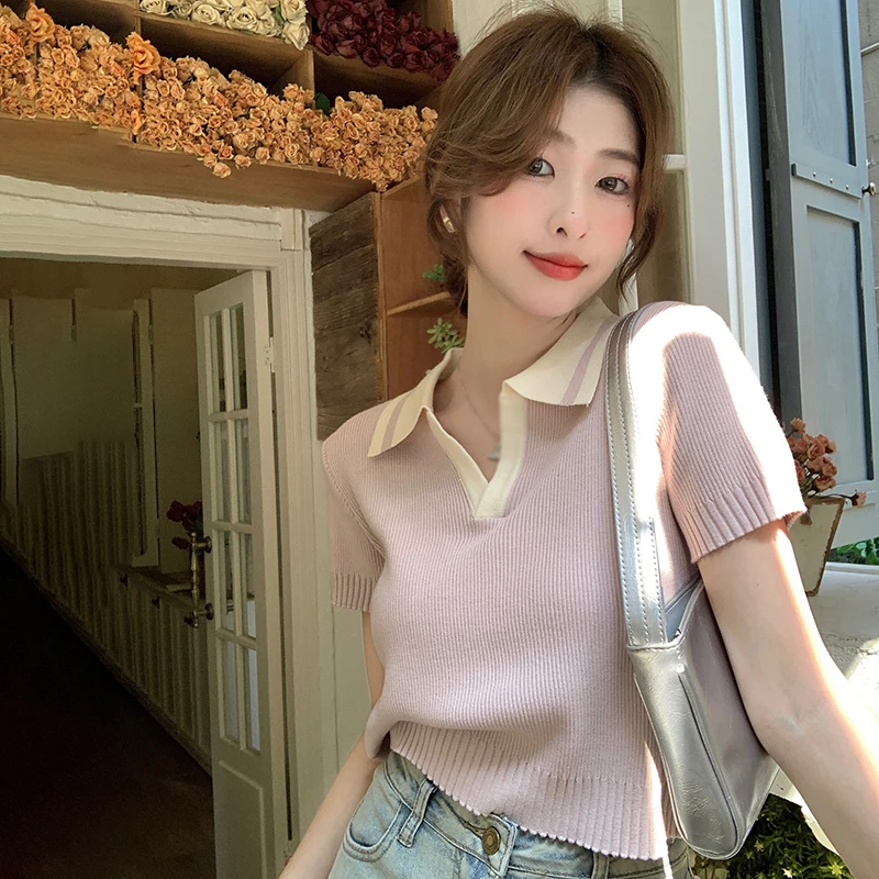 Women's Tops Korean Version Contrast Color Turndown Collar Casual Fashion Versatile Short-Sleeved  Tee T Shirt