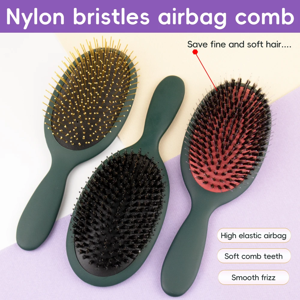 مشط شعر بوسادة مطاطية بشعيرات الخنزير ABS + نايلون + خنزير: متعدد الألوان، بسيط، جاف/رطب للاستخدام في الصالونات/المنزل