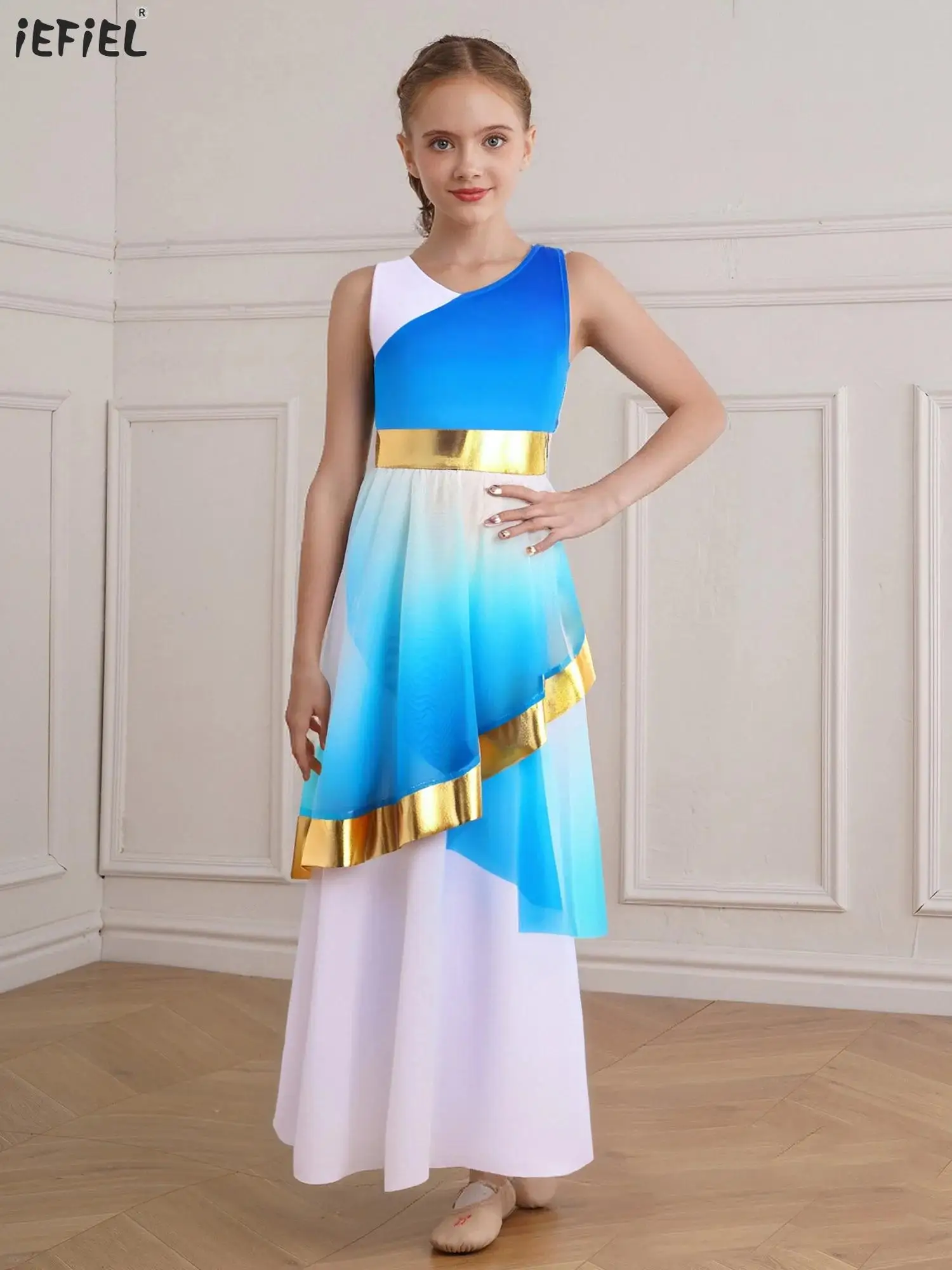 

Girls Liturgical Praise Dance Dress Gradient Color Sleeveless Metallic Asymmetrical Mesh Layer Lyrical Choir Worship Costumes