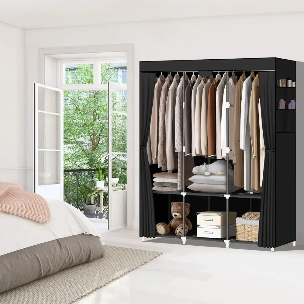 

Portable Closet,portable closets for hanging clothes with 3 Hanging Rods and 6 Storage Shelves and 4 Side Pockets,Black Wardrobe