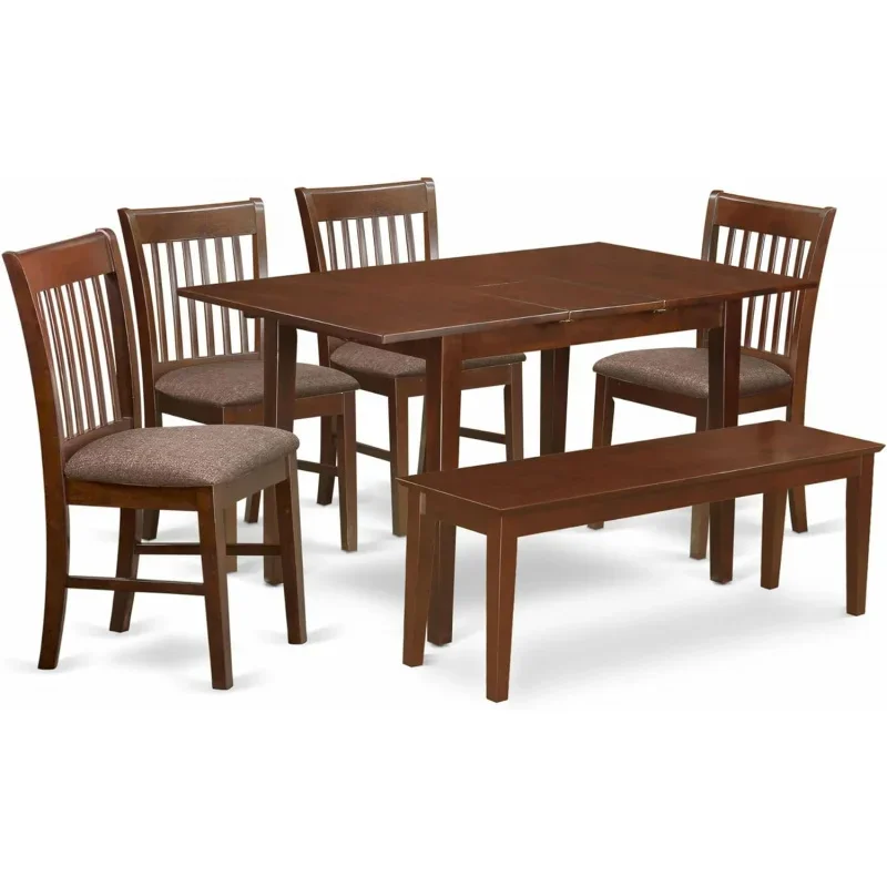 NOFK6C-MAH-C 6 Piece Set Contains a Rectangle Dining Room Table with Butterfly Leaf and 4 Linen Fabric Upholstered Chairs with a