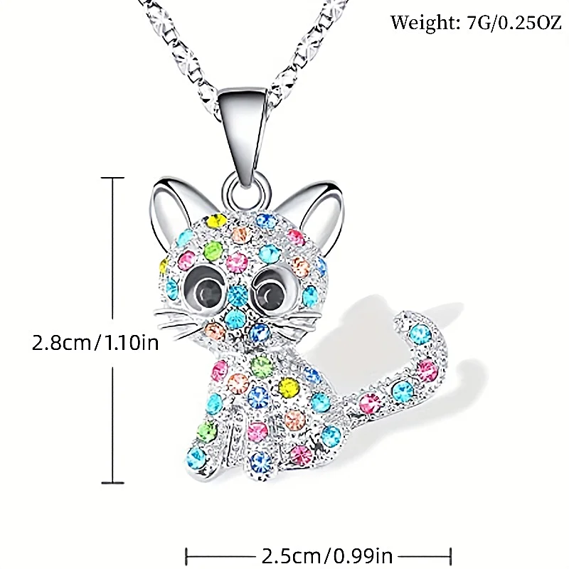 Colorful Rhinestone Decor Kitty Pendant Necklace Earring Set Elegant and Fashionable Jewelry Accessories for Womenniche Style,