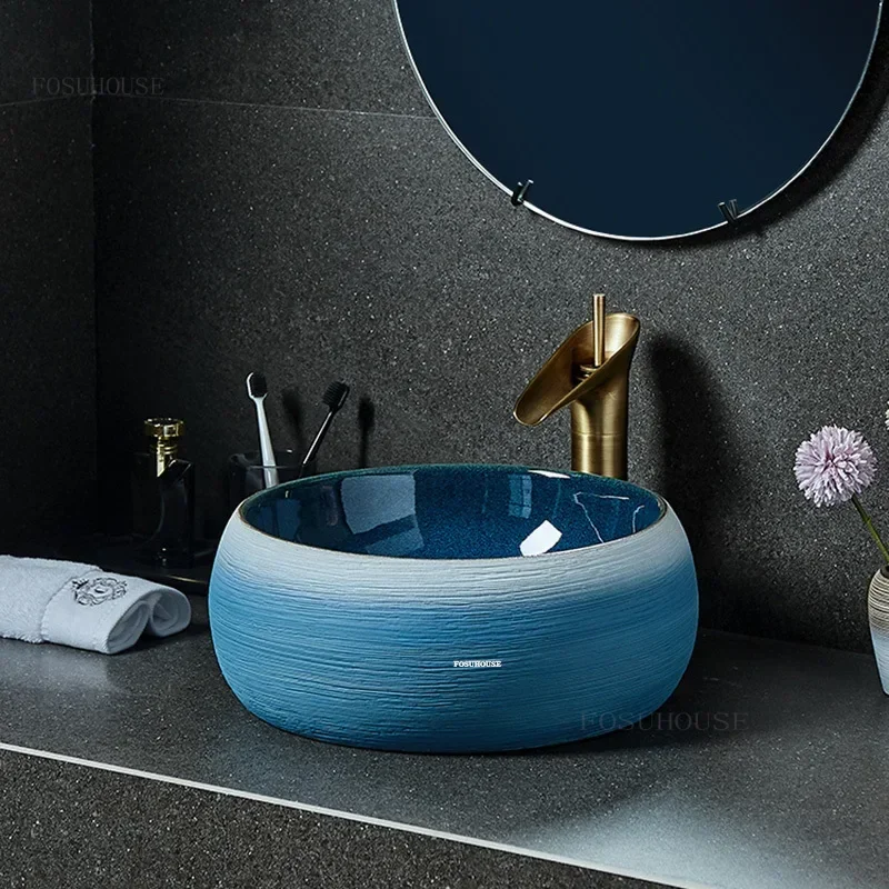Креативная синяя раковина над столешницей, современные домашние умывальники для ванной комнаты, керамические раковины для ванной комнаты, раковина для унитаза, простая кухонная раковина