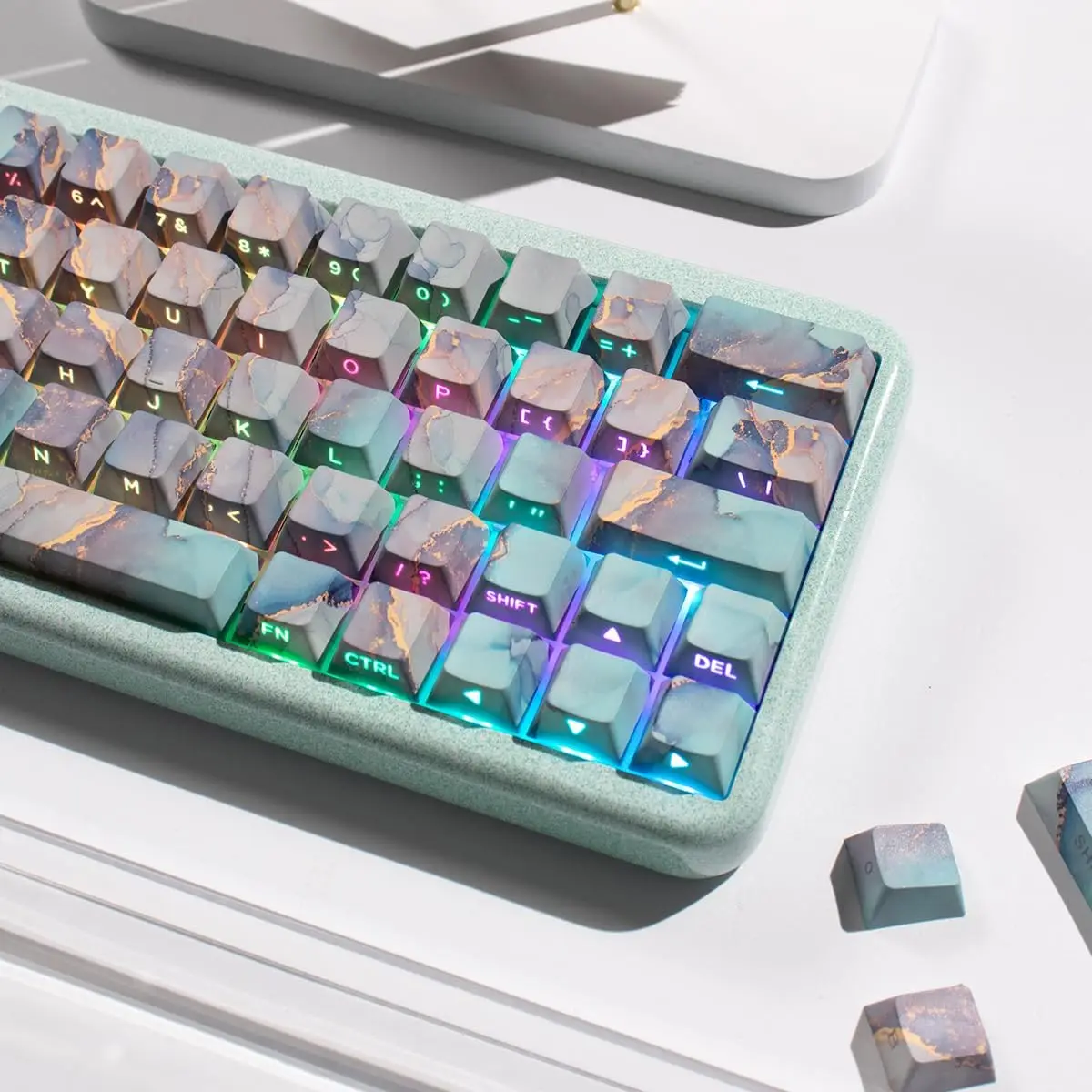 131 Keys PBT Dye Sub Cherry Profile Marble Style Shine Through Keycaps Set Fit for 61/64/87/104/108 Cherry Mx Switches