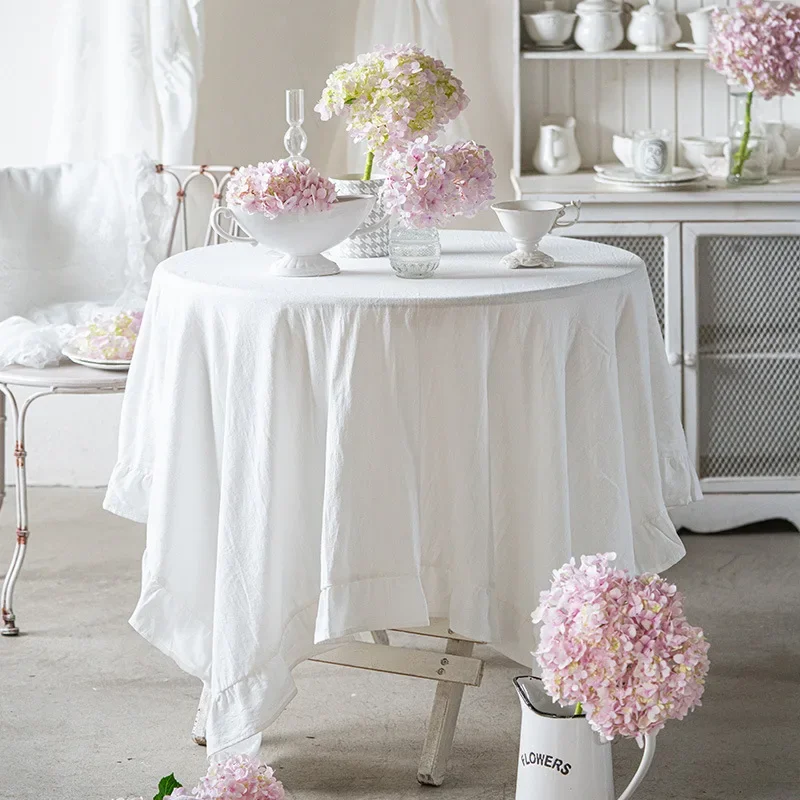 Ruffle 100% Cotton Tablecloth Washed Cotton Simple Solid Color Coffee Wedding party Dining Table Cloth Home Decor