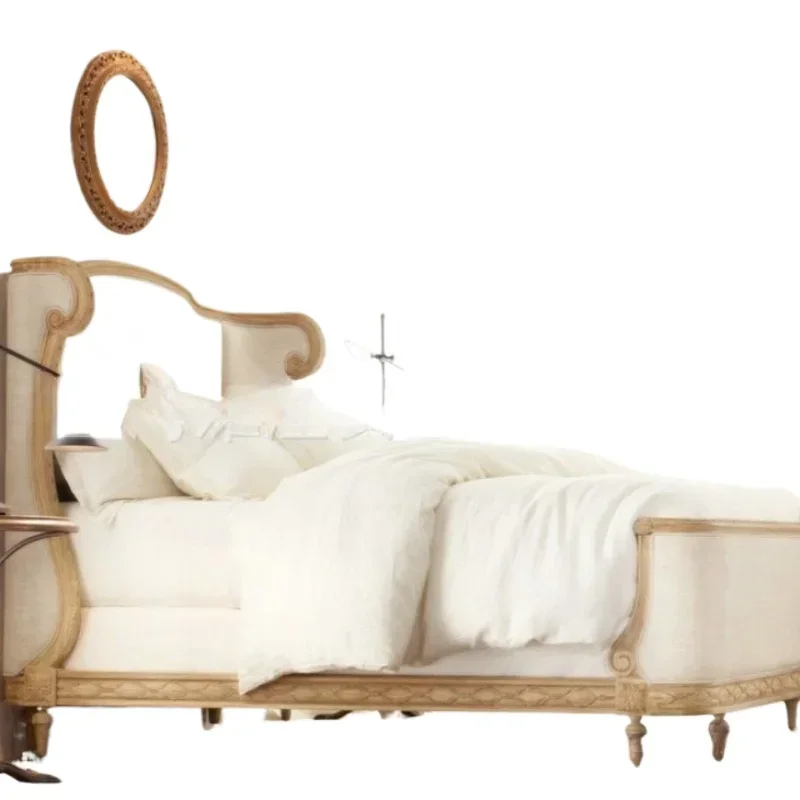 

French solid wood bed furniture oak retro old fabric soft rely 1.8 meters double bed princess single bed