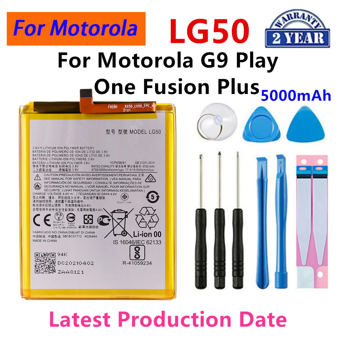 

Brand New LG50 5000mAh Battery For Motorola Moto G9 Play / One Fusion Plus OneFusion+ XT2067 phone Batteries+Tools