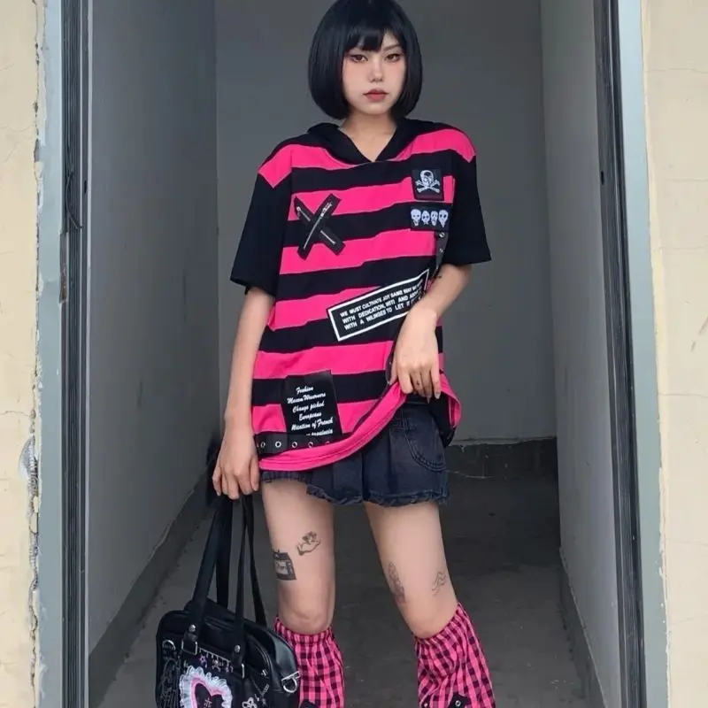 Cotton Y2K Japanese Casual T Shirt 2000s Subculture Punk Rock Shirt Hooded Young Girl Harajuku Grunge Aesthetic Tops with Hat