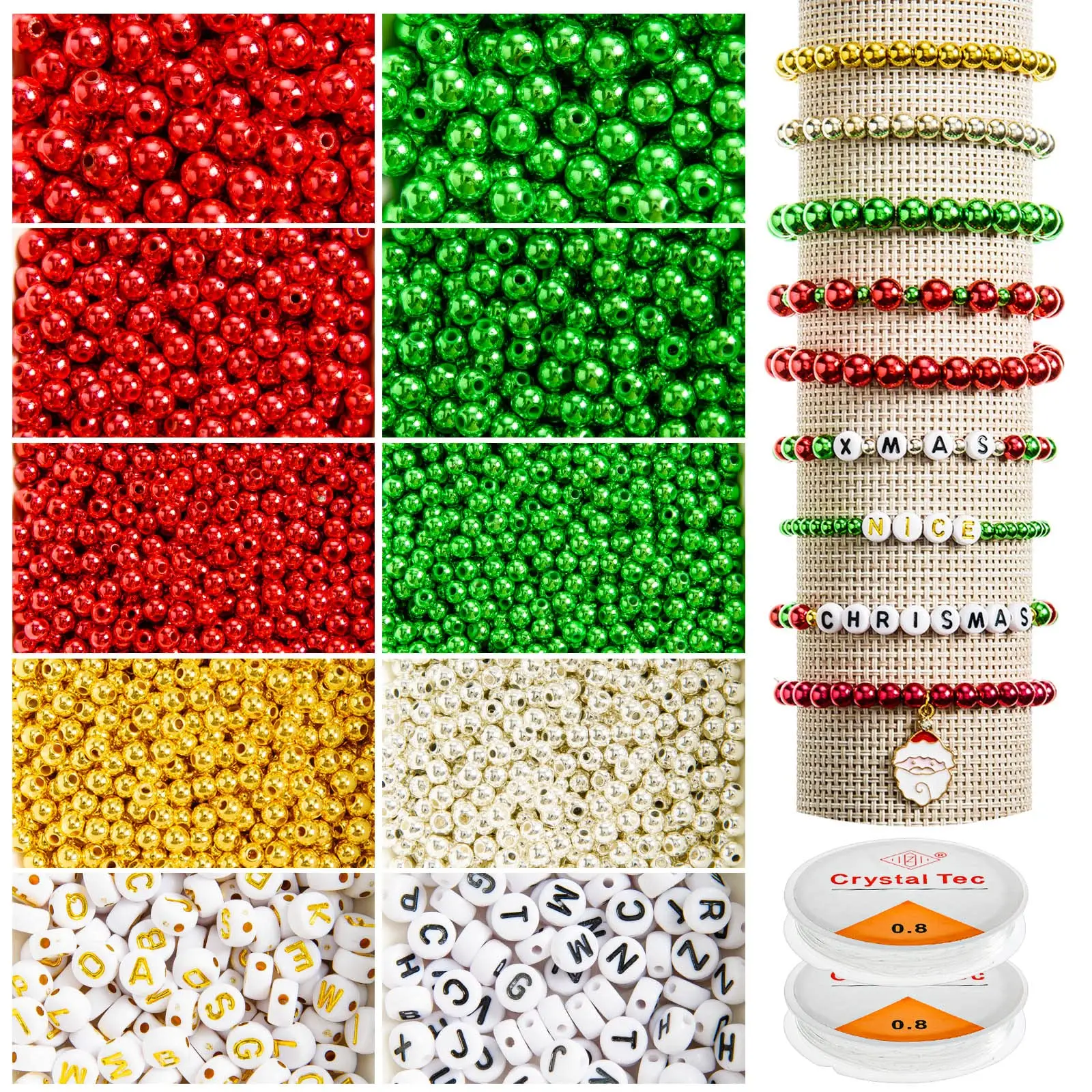 1800Pcs 4/6/8mm Red Green CCB Beads Kits Acrylic Alphabet Spacer Beads for DIY Christmas Crafts Bracelet Necklace Jewelry Making