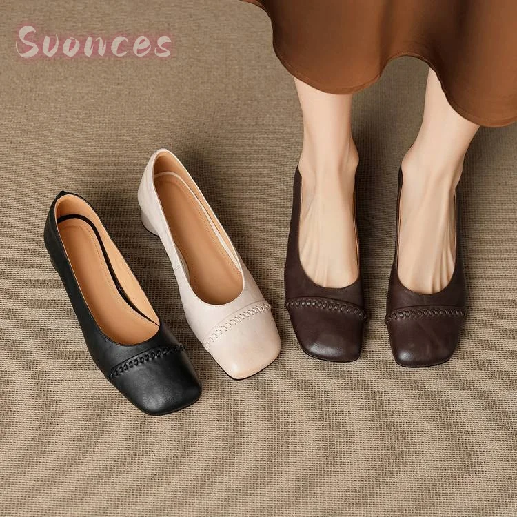 Female Retro Soft Square Rounded Toe Flats Supple Washed Leather Neat Hand Whip Stitch Low Heel Commute Comfortable Footwear