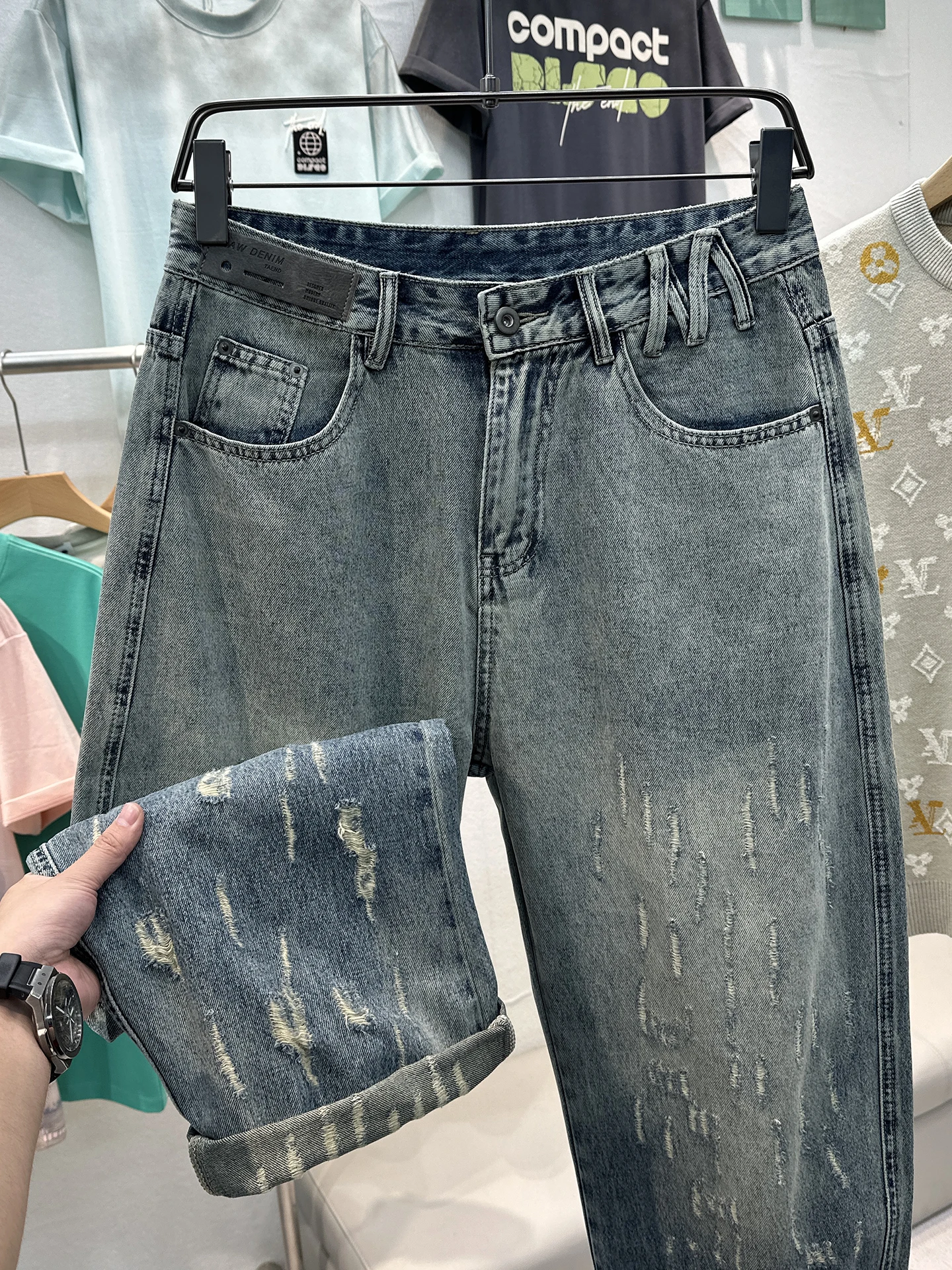 

Men's Denim Jeans High Waist Torn Loose Wide Leg Casual High-End Lightweight Fall Winter American Style Fashionable Versatile