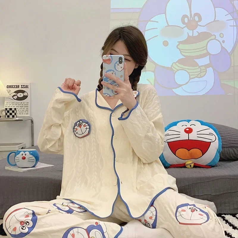 Doraemon Pajama Women Spring and Autumn Cardigan Long Sleeve Pants Cartoon Cute and Sweet Home Clothes Suit Jingle Cat sleepwear