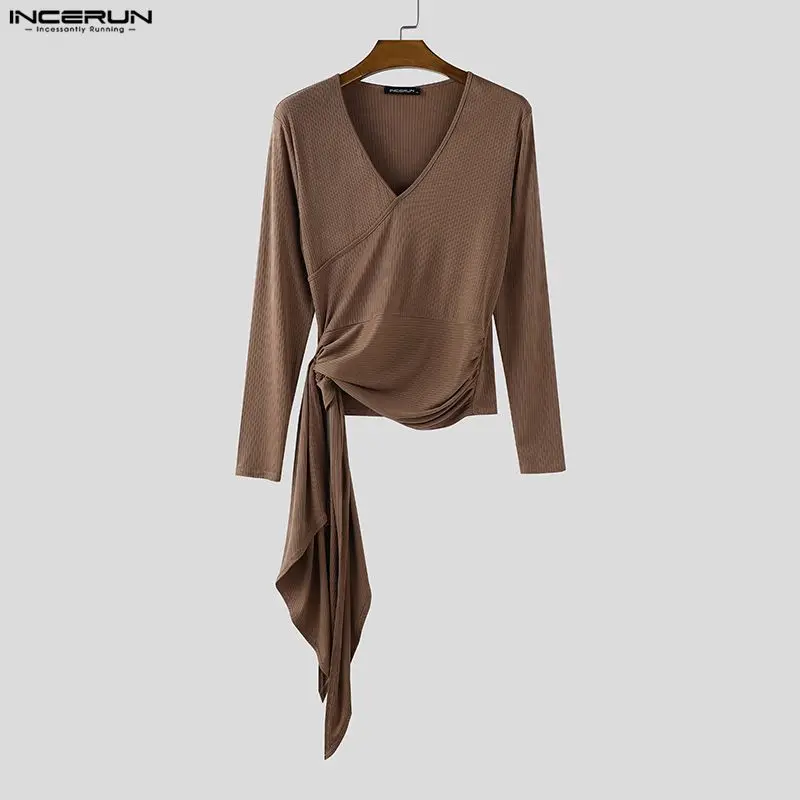 

INCERUN Men Sweater Solid Color V Neck Long Sleeve Lace Up Male Pullovers Streetwear Knitted Fashion Casual Men Clothing S-3XL