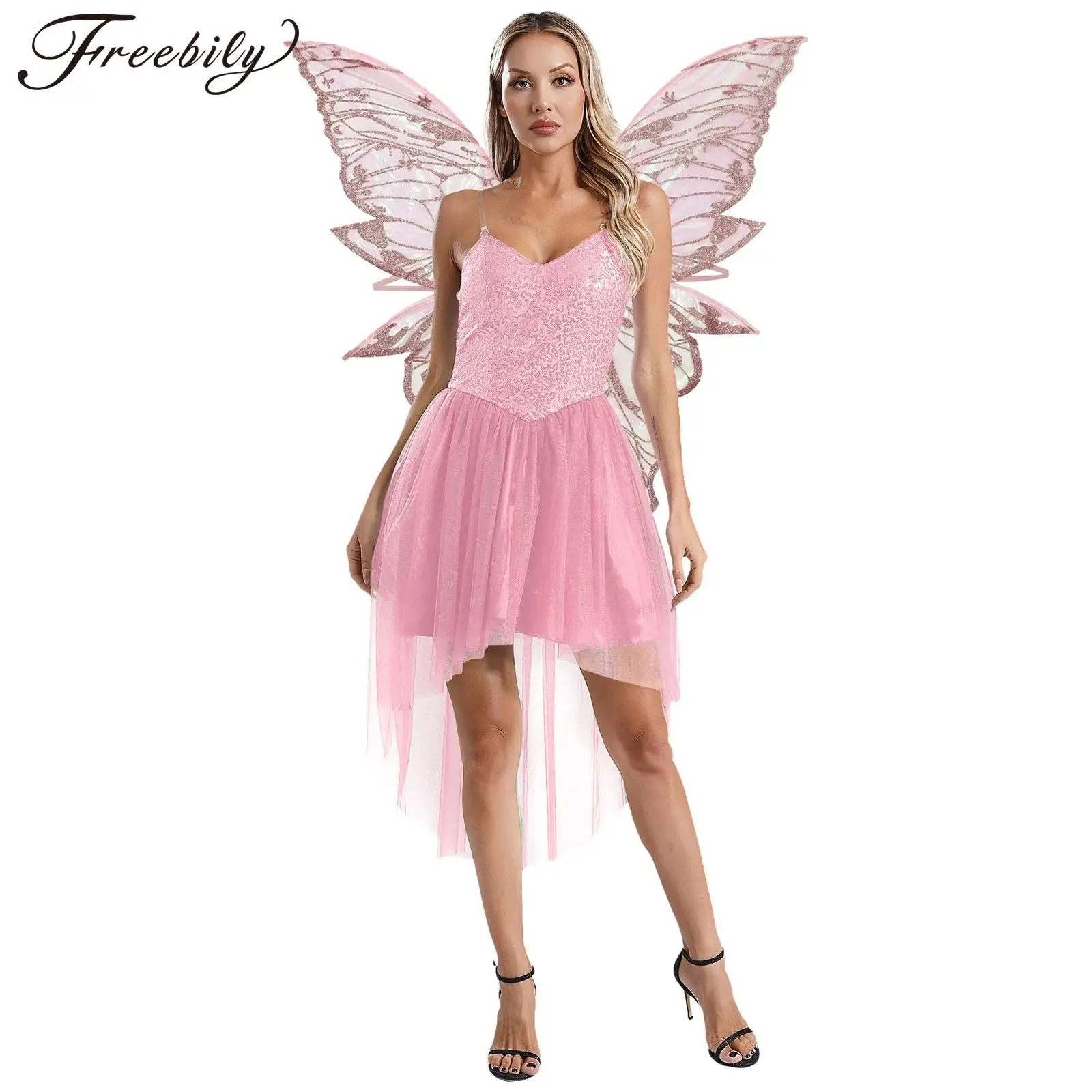 Disfraz de Hada Elfa del Bosque para Mujer, Sin Mangas, Cuello en V, Lentejuelas, Dobladillo Alto-Bajo, Vestido de Elfa con Alas para Halloween, Carnaval, Cosplay, Fiesta