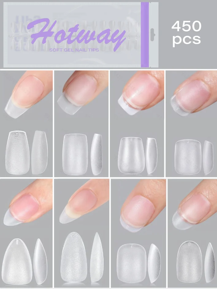 450 pièces - Carrées - Trapézoïdales - Elliptiques - En forme d'amande - Faux ongles en acrylique entièrement givrés, avec 15 tailles au choix
