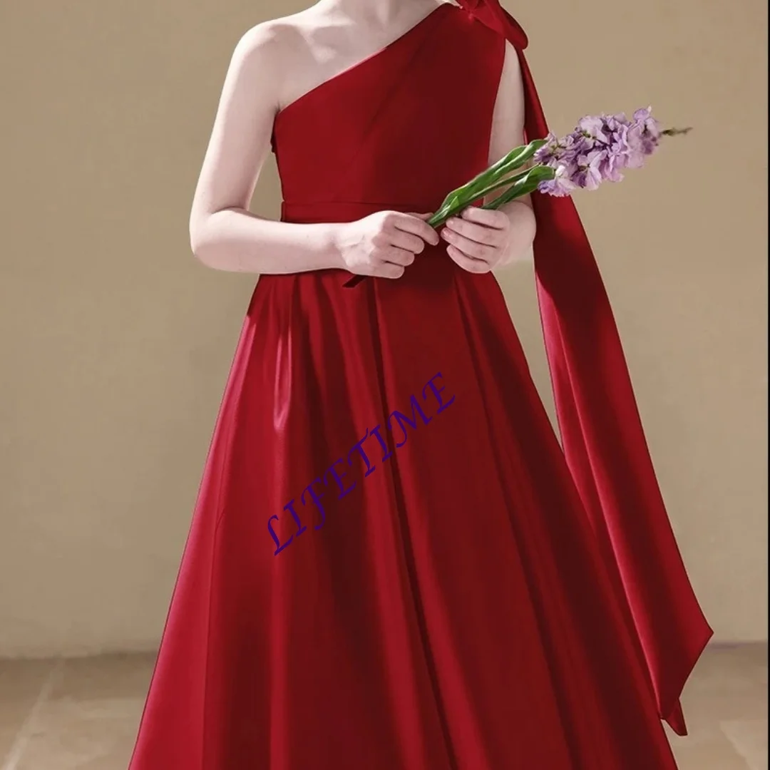 Wine Red One-Shoulder Bow Girls Party Dress Elegant Long Gown for Christmas Stage Performance Pageant Formal Evening Wear