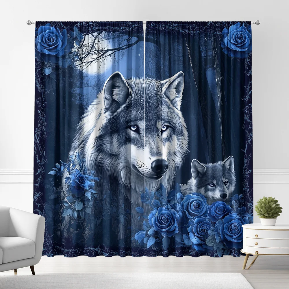 Gothic Blue Wolf and Rose Floral Curtain Panel Romantic Animal Window Drapes for Living Room Bedroom Home Decoration