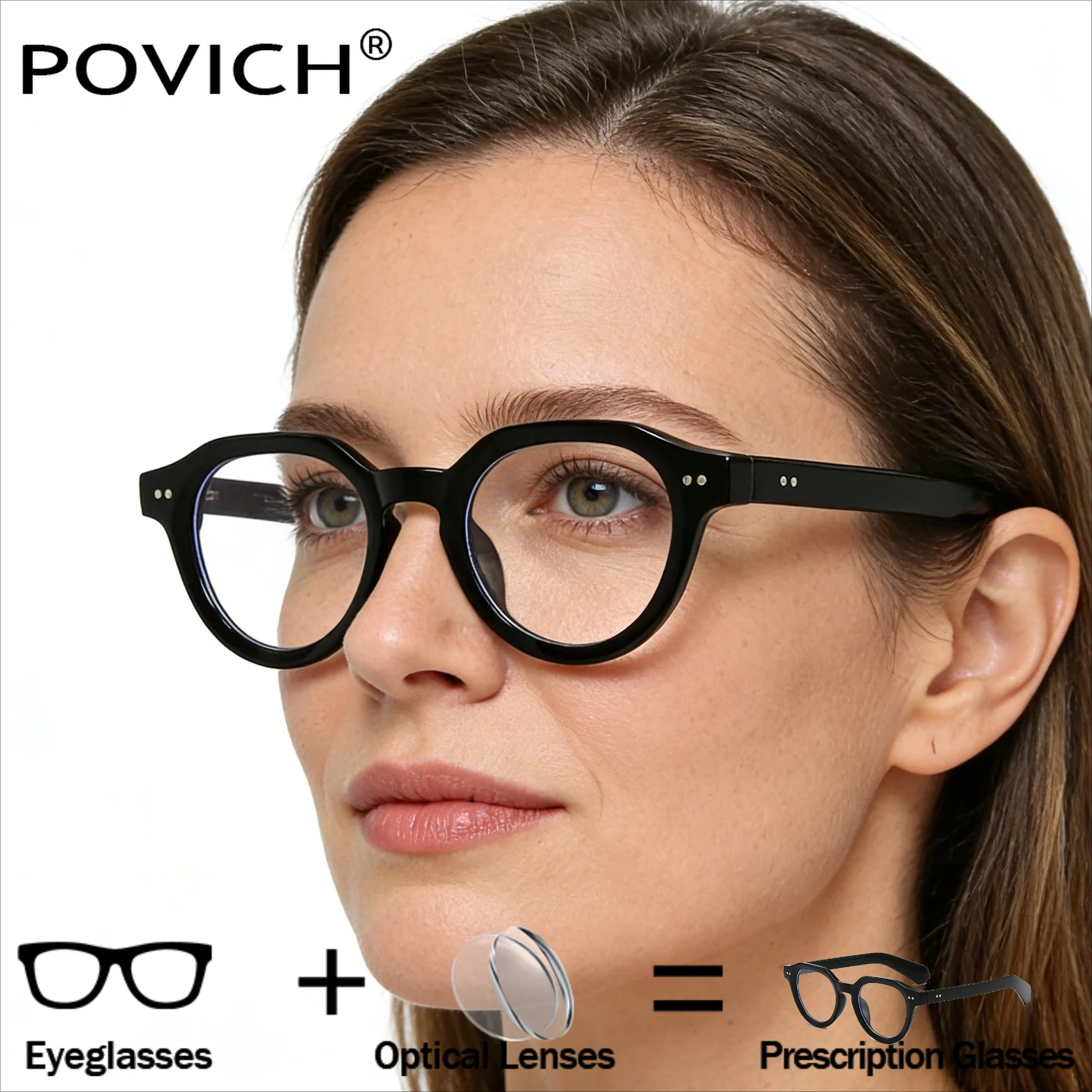 

Povich Fashion Oval Women Prescription Glasses Retro Rivets Men Myopia/Hyperopia/Progressive Optical Lens with Recipe