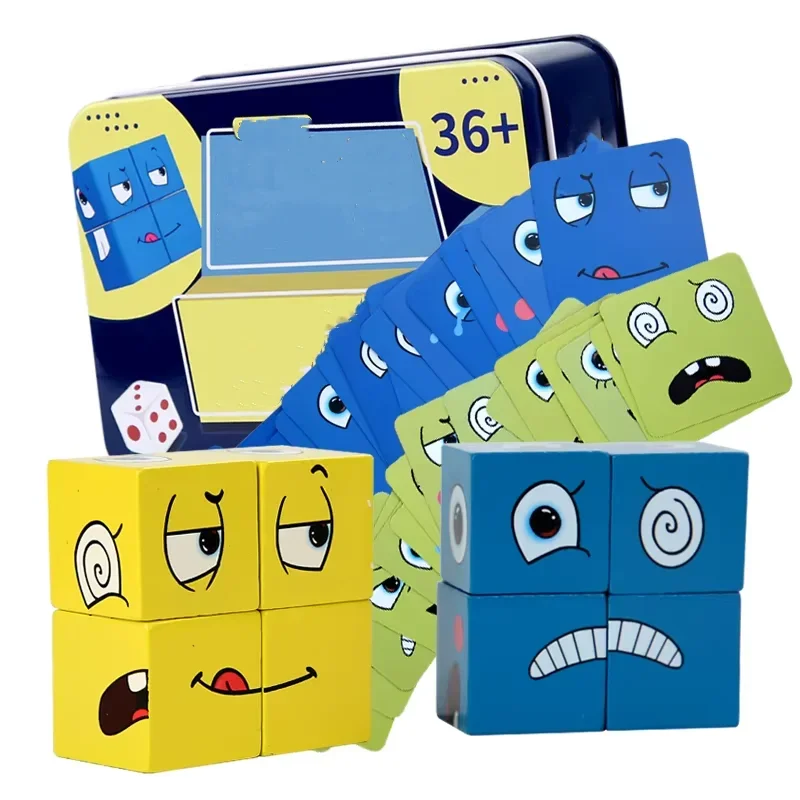Kubus Gezicht Verandering Bouwstenen Bordspel Houten Puzzel Montessori Uitdrukking Houten Blokken Blocos Voor Kinderen Kinderen Speelgoed Cadeau