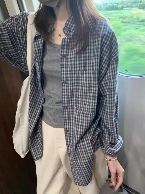 

Синяя клетчатая женская рубашка с длинным рукавом и воротником, повседневный дизайн для многослойных образов, весна-осень, корейский стиль, свободный крой, модный топ