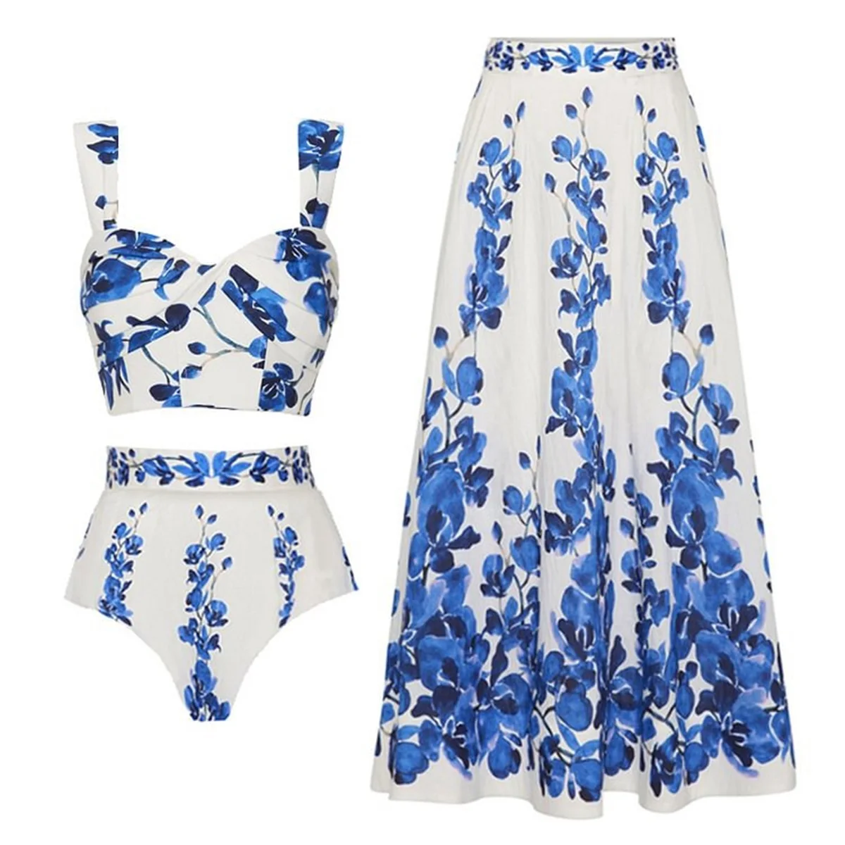 3Pcs Sexy Bikini Set Women Swimsuit Female Halter Swimwear Long Skirt Printed Swimming Suit Slimming Beachwear Brazilian Biquini
