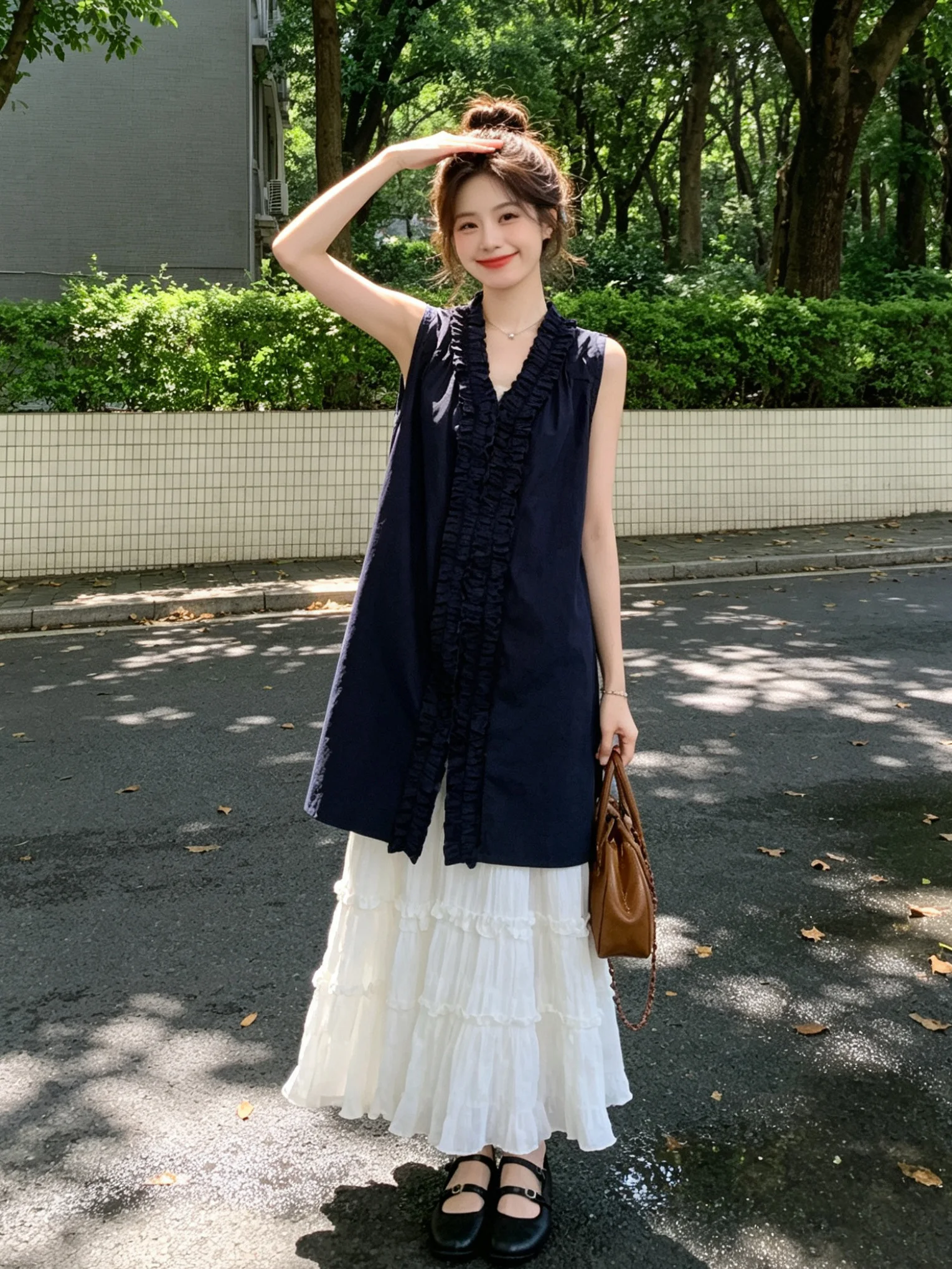 

Summer Fashion Wooden Sleeveless Vest Dress And Half Skirt Set Women's Two-Piece Ensemble Breathable Polyester Fabric