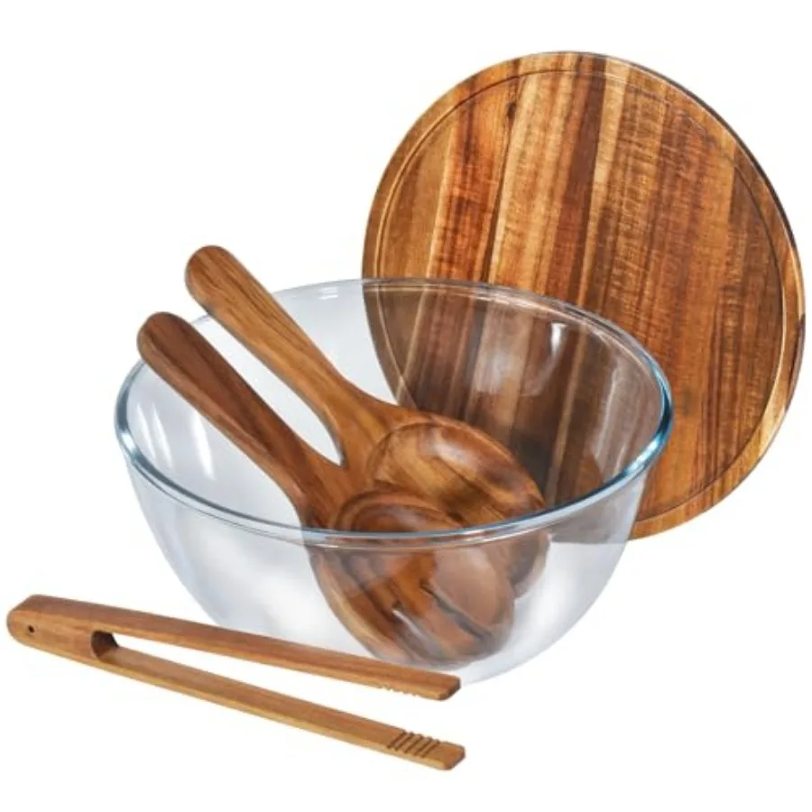 

Glass Salad Bowl Set Extra Large 4.8QT Serving Bowl with Acacia Wood Lid and Utensils Heavy-Duty Glass Bowl for Salad Mixing Pa