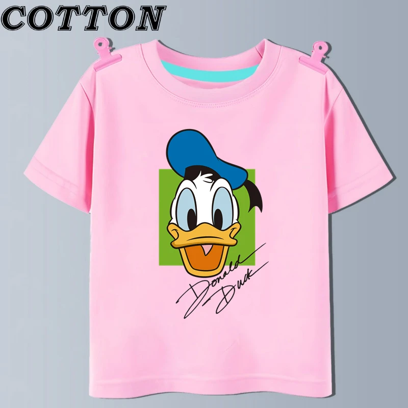 Disney Cute Donald Duck Cotton Fashion Summer Children\'s Cartoon T-shirt Round Neck Short Sleeve Print Pattern