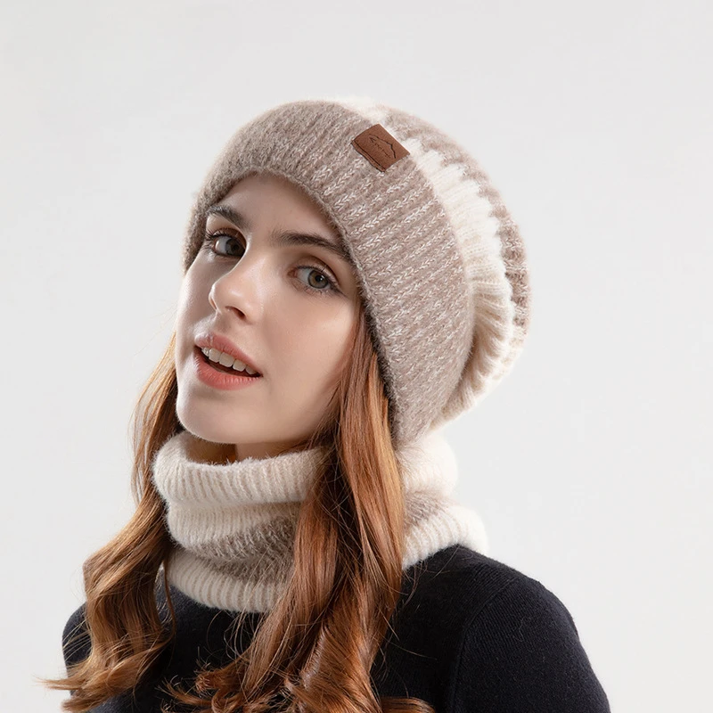 Winter Two-Tone Hat Female Thick Warm Earflaps Woolen Cap Fleece-lined Scarf Two-Piece Set Knitted Hat